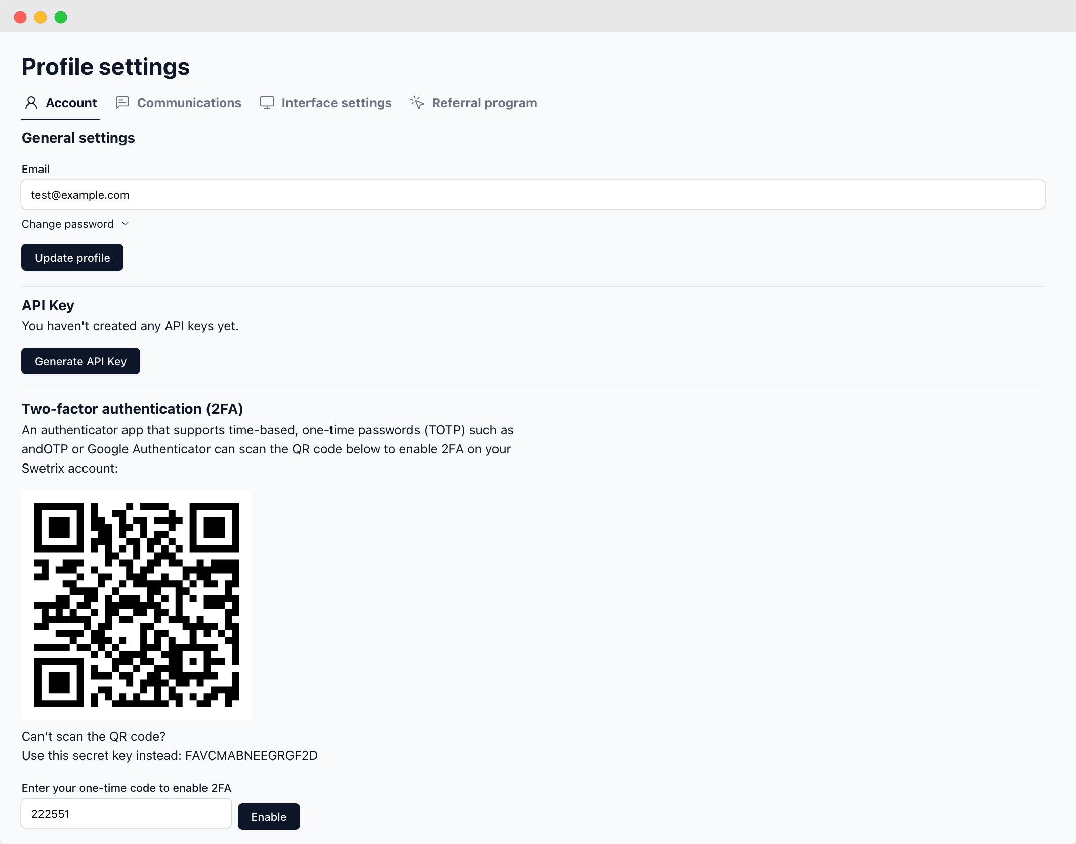 Enable 2FA screen
